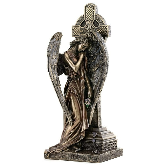 Weeping Angel of Grief Leaning on Celtic Cross Statue - Religious Sculpture in Premium Cold Cast Bronze - 11.75-Inch Collectible Messenger of God Figurine