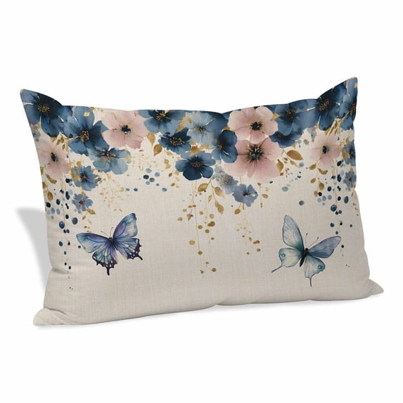 Weeping Blue Floral Pillow Covers, Linen Long Throw Pillow Case, Spring Butterflies Flowers Linen Holiday Pillow Protector Decorative Cushion Cover for Living Room/Bedroom 12" x 20"