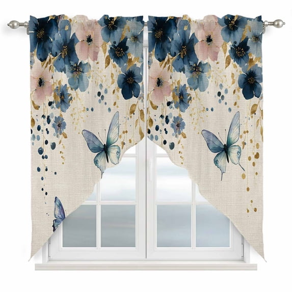 Weeping Blue Floral Swag Curtains for Kitchen/Bedroom/Living Room, Spring Butterflies Flowers Linen Scalloped Curtains 63 Inch Long, Window Swag Topper Curtains Valances 2 Panels Set 36"x63"