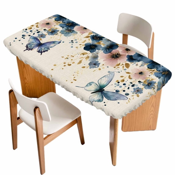 Weeping Blue Floral Table Cloths for 6 Foot Rectangle Tables, Spring Butterflies Flowers Linen Patio Waterproof Elastic Fitted Tablecloths, Washable Rectangular Table Cover for Camping