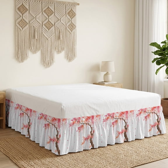 Weeping Cherry Bed Skirt Bed Skirts Queen Size 16 Inch Drop, Rustic Pink Hanging Cascade Flower Brown Tree Branch Wrap Around Dust Ruffle Bedskirt with Adjustable Elastic Belt for Queen Size Beds