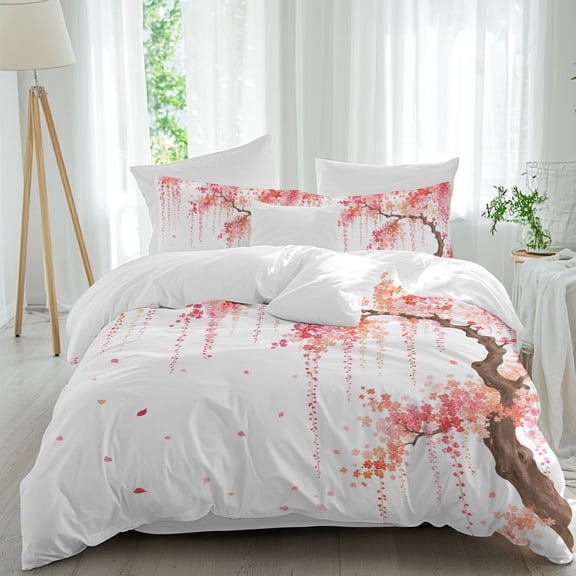 Weeping Cherry California King Duvet Cover Set, Rustic Pink Hanging Cascade Flower Brown Tree Branch 4 Piece Microfiber Bedding Set with Zipper, Bed Sheet and 2 Pillow Shams, Soft Bedding Cover