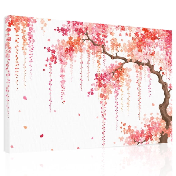 Weeping Cherry Canvas Print Wall Art, Rustic Pink Hanging Cascade Flower Brown Tree Branch Wall Decor Framed Artwork Paintings Pictures for Living Room Bedroom Stretched Ready to Hang, 12" x 16"