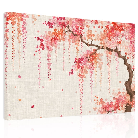 Weeping Cherry Canvas Print Wall Art, Rustic Pink Hanging Flower Brown Branch Linen Texture Wall Decor Framed Artwork Paintings Pictures for Living Room Bedroom Stretched Ready to Hang, 24" x 32"
