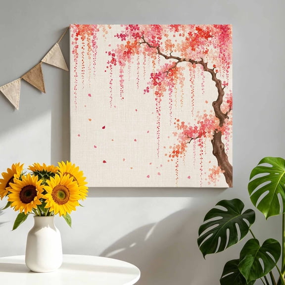 Weeping Cherry Canvas Wall Art for Living Room, Rustic Pink Hanging Flower Brown Branch Linen Texture Wall Decor Framed Artwork Pictures Ready to Hang for Bedroom Office Home Decor 10x10 Inch