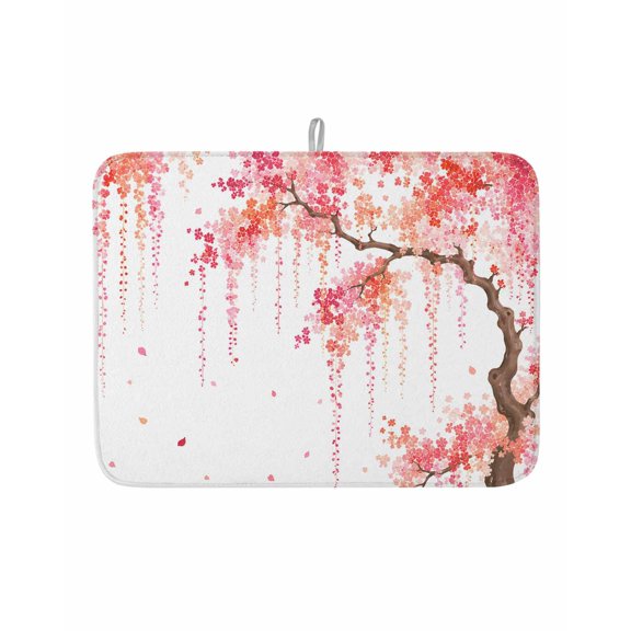 Weeping Cherry Dish Drying Mat 18x24 inch Rustic Pink Hanging Cascade Flower Brown Tree Branch Super Absorbent Microfiber Dish Drying Pad for Kitchen Countertops Sink Dish Drainer Racks 1 Pack