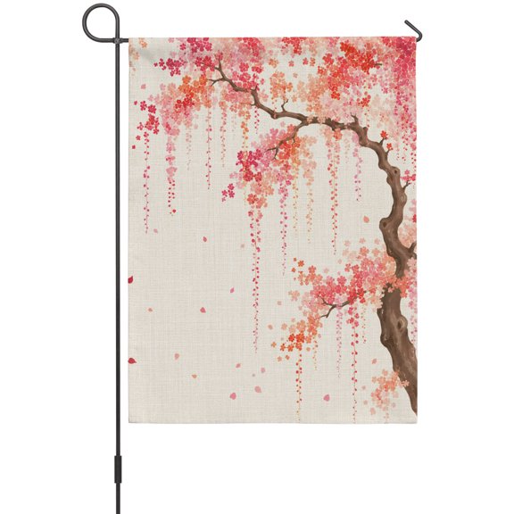 Weeping Cherry House Flags For Outdoor, Rustic Pink Hanging Flower Brown Branch Linen Texture Small Double Side Yard Flags Weather Proof House Decor for Lawn Outside Holiday 28 x 40 Inches
