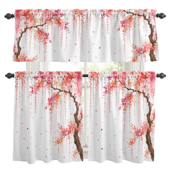 Weeping Cherry Kitchen Curtains and Valances Set, Rustic Pink Hanging Cascade Flower Brown Tree Branch Rod Pocket Window Valance Window Curtain Panels for Living Room Bedroom, 27.5x24in, 3 Pieces