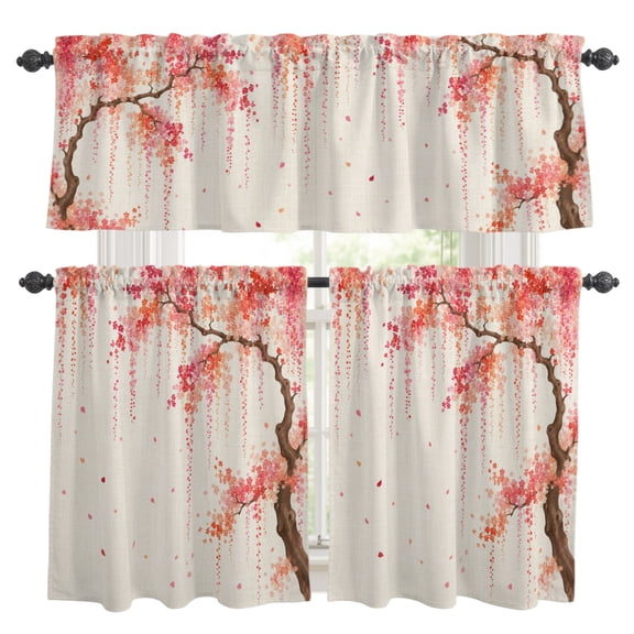 Weeping Cherry Kitchen Curtains and Valances Set, Rustic Pink Hanging Flower Brown Branch Linen Texture Rod Pocket Window Valance Window Curtain Panels for Living Room Bedroom, 27.5x24in, 3 Pieces