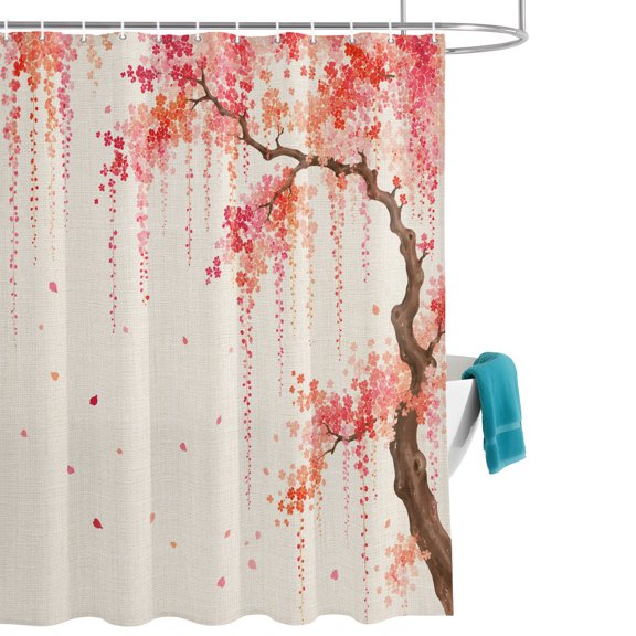 Weeping Cherry Shower Curtain, Rustic Pink Hanging Flower Brown Branch Linen Texture Waterproof Shower Curtain Set with 12 Hooks Lightweight Bath Curtains Fabric Bathroom Decor 54x78 Inches