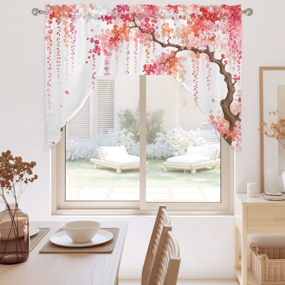 Weeping Cherry Swag Valance for Windows, Rustic Pink Hanging Cascade Flower Brown Tree Branch Swag Curtains Valances for Small Window Treatment Rod Pocket for Kitchen Bathroom 1 Panel 56x36in