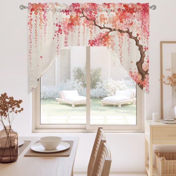 Weeping Cherry Swag Valance for Windows, Rustic Pink Hanging Flower Brown Branch Linen Texture Swag Curtains Valances for Small Window Treatment Rod Pocket for Kitchen Bathroom 1 Panel 56x36in