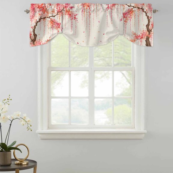 Weeping Cherry Tie Up Valances Curtain, Rustic Pink Hanging Flower Brown Branch Linen Texture Kitchen Valances for Windows Decor, Rod Pocket Short Curtains Set for Bedroom/Bathroom, 42"x18"