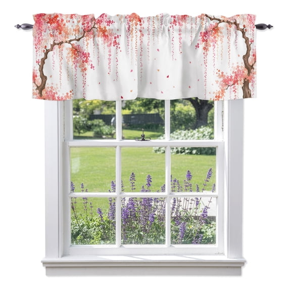 Weeping Cherry Valances for Windows, Rustic Pink Hanging Cascade Flower Brown Tree Branch Rod Pocket Short Window Valance Curtains Holiday Window Treatment for Kitchen Living Room Bathroom 42" x 12"