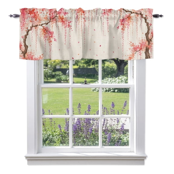 Weeping Cherry Valances for Windows, Rustic Pink Hanging Flower Brown Branch Linen Texture Rod Pocket Short Window Valance Curtains Holiday Window Treatment for Kitchen Living Room Bathroom 42" x 12"