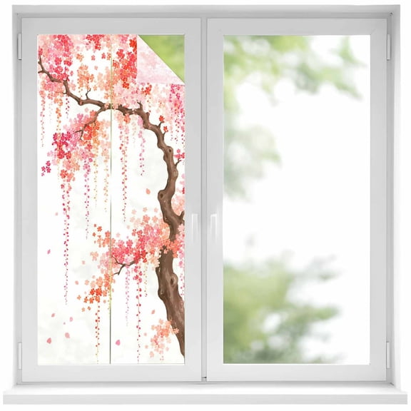 Weeping Cherry Window Privacy Film Rustic Pink Hanging Cascade Flower Brown Tree Branch Decorative Glass Window Film UV Blocking Static Cling Sticker Covering for Home Door 17.7 x 39.3 inches