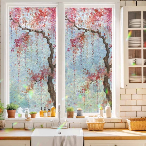 Weeping Cherry Window Privacy Film Rustic Pink Hanging Cascade Flower Brown Tree Branch Static Cling Stained Glass Window Film Non-Adhesive Decorative Decals Rainbow Sticker 17.7"X39.3"