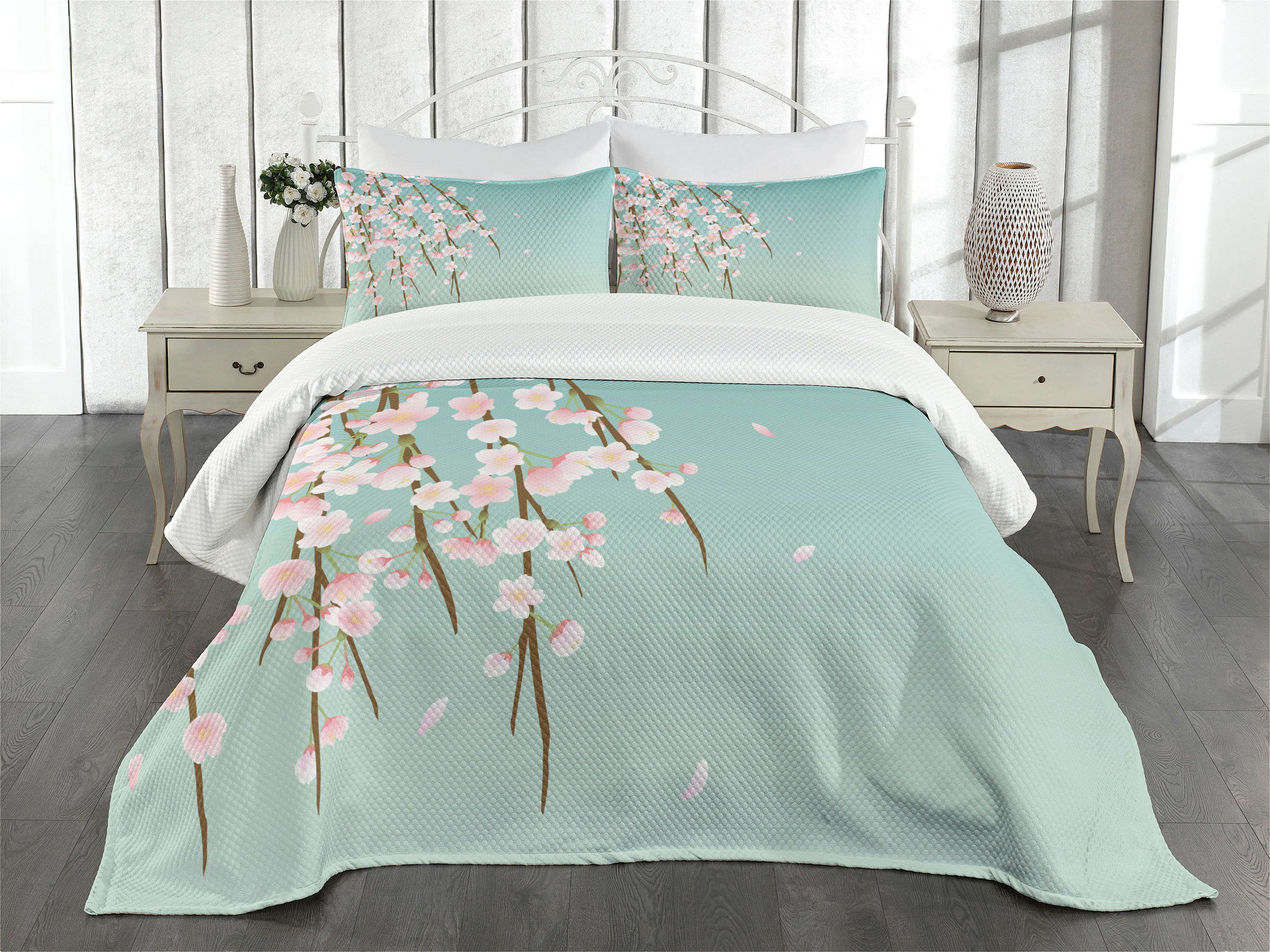 Weeping Flower Bedspread Set King Size, Freshly Blooming Cherry Blossom Branches with Flower Buds, Quilted 3 Piece Decor Coverlet Set with 2 Pillow Shams, Pale Pink Baby Blue Taupe, by Ambesonne - image 1 of 5