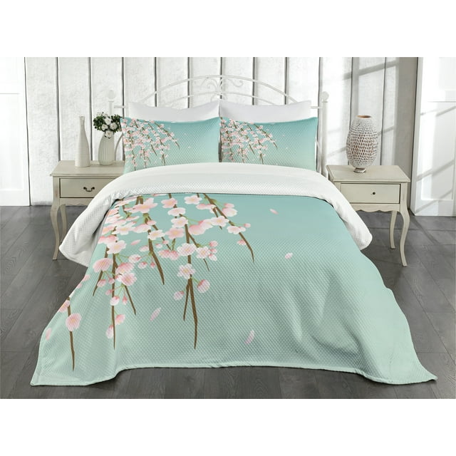 Weeping Flower Bedspread Set King Size, Freshly Blooming Cherry Blossom Branches with Flower Buds, Quilted 3 Piece Decor Coverlet Set with 2 Pillow Shams, Pale Pink Baby Blue Taupe, by Ambesonne