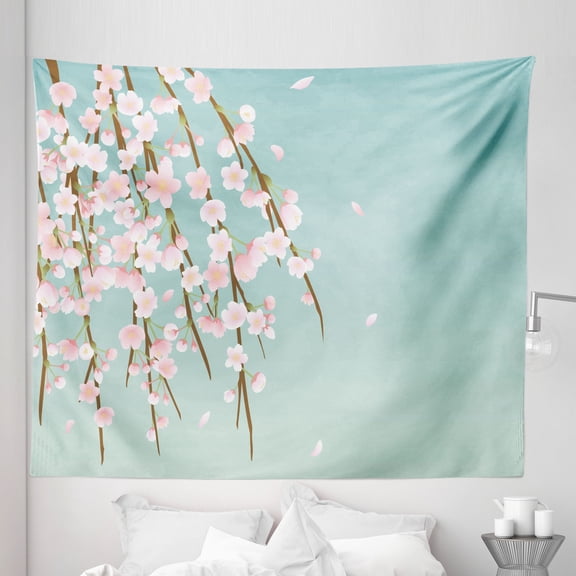 Weeping Flower Tapestry, Freshly Blooming Cherry Blossom Branches Buds, Fabric Wall Hanging Decor for Bedroom Living Room Dorm, 5 Sizes, Mint Pale Pink and Taupe, by Ambesonne