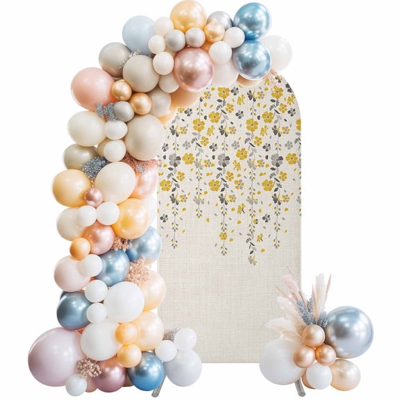 Weeping Flowers Arch Backdrop Cover, Spandex Fitted Wedding Arch Cover, Yellow Grey Spring Floral Rustic Burlap Round Top Stand Covers for Birthday Ceremony Bridal Shower Party Decor 5x2.1 Ft