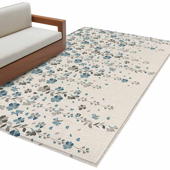 Weeping Flowers Area Rug 3x5 FT, Non Slip Entryway Bedside Carpet, Blue Grey Spring Floral Botanical Rustic Burlap Washable Soft Floor Carpet Indoor Mat Throw Rug for Dorm Kitchen Home Office