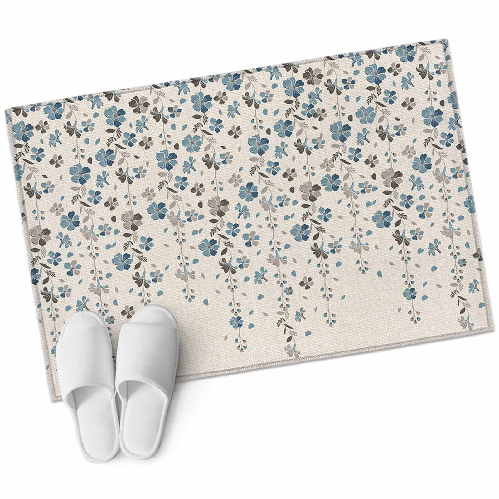 Weeping Flowers Bathroom Mat 2x3 FT, Non Slip Small Kitchen Mat, Blue Grey Spring Floral Botanical Rustic Burlap Washable Soft Backed Front Door Throw Rug Indoor Outdoor Doormat for Entryway Sink