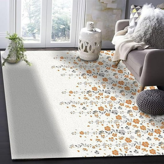 Weeping Flowers Botanical Rug, Decorative Rug, Orange Grey Summer Spring Floral Area Rug For Indoor Living Room Bedroom Study Dining Room Corridor And Outdoor Terrace 3 x 4ft