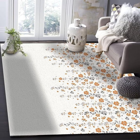 Weeping Flowers Botanical Rug, Decorative Rug, Orange Grey Summer Spring Floral Area Rug For Indoor Living Room Bedroom Study Dining Room Corridor And Outdoor Terrace 3 x 4ft