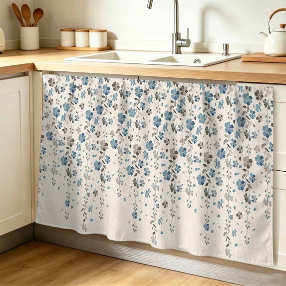Weeping Flowers Cabinet Curtain 32"Wx55"L,Dustproof Pantry Door Curtain W/ Self Adhesive Tape,Blue Grey Spring Floral Botanical Rustic Burlap Tall Storage Cover Privacy Drape for Bathroom Kitchen