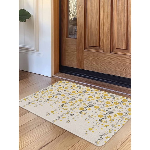 Weeping Flowers Door Mat Indoor Outdoor Entrance, Non Slip Rug for Kitchen Bathroom Entryway Rug, Yellow Grey Spring Floral Rustic Burlap Washable Doormat Floor Mat for Office 24x36 Inch