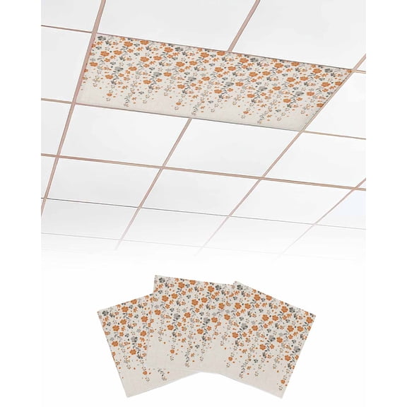 Weeping Flowers Fluorescent Light Covers for Ceiling Lights 4x2 feet,3 Pack Magnetic Light Filters for Classroom,Orange Grey Spring Floral Botanical Rustic Burlap Fluorescent Light Shade Panel