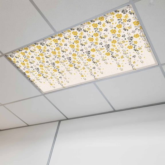 Weeping Flowers Fluorescent Light Covers, Yellow Grey Spring Floral Rustic Burlap Magnetic Light Covers for Ceiling Lights, Fluorescent Ceiling Shade Filters for Classroom Bedroom Office 4x2Ft x 1PCS