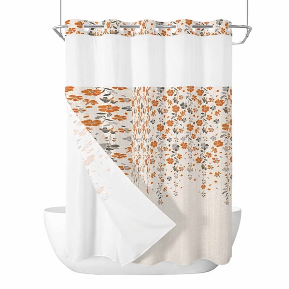 Weeping Flowers No Hook Shower Curtain Waterproof,Bathroom Curtains with Snap in Liners and See Through Top Window,Orange Grey Spring Floral Botanical Rustic Burlap Bathtub Curtains Shower 60"Wx72"L
