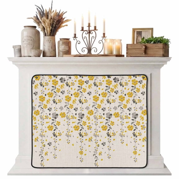Weeping Flowers Magnetic Fireplace Cover, Fireplace Draft Blocker, Yellow Grey Spring Floral Rustic Burlap Fireplaces Blanket for Heat Loss/Cold Air, Fireplaces Draft Stopper Cover for Inside 36"x27"