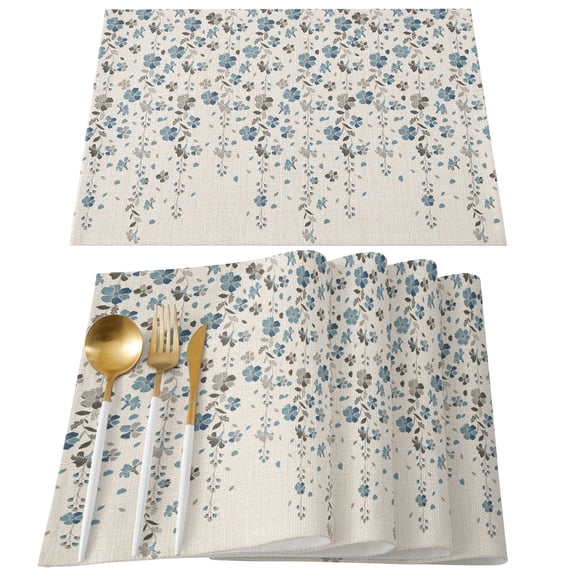 Weeping Flowers Placemats Set of 4, Blue Grey Spring Floral Botanical Rustic Burlap Placemats for Dining Table, Place Mats for Kitchen Tabletop, Waterproof Wipeable Dining Table Mats Set