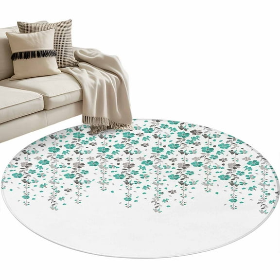 Weeping Flowers Round Area Rug 3 FT, Small Kitchen Bathroom Mat, Teal Grey Summer Spring Floral Botanical Art Washable Indoor Outdoor Throw Runner Carpet Doormat for Table Shower Sofa Entryway