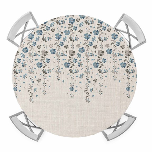Weeping Flowers Round Tablecloth for 36-44 Inch Tables,Fitted Table Cover with Elastic Edge,Blue Grey Spring Floral Botanical Rustic Burlap Waterproof Outdoor Table Cloth Protector for Patio Dinner
