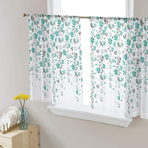 Weeping Flowers Semi Sheer Curtains 54 Inch Length 2 Panels Set,Teal Grey Summer Spring Floral Botanical Art Sheer Kitchen Curtain Voile Window Curtain for Living Room Bedroom Rod Pocket Drapes