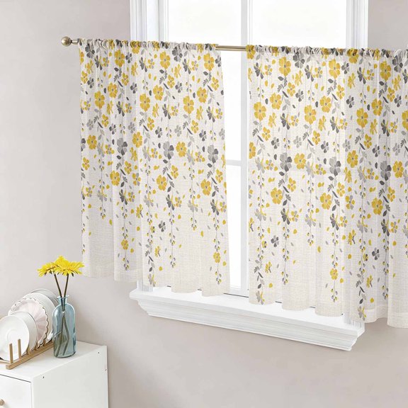 Weeping Flowers Semi Sheer Window Curtains 54 Inches Long, Yellow Grey Spring Floral Rustic Burlap Rod Pocket Voile Silky Chiffon Curtain Light Filtering Drapes for Living Room, 52"x54", 2 Panels