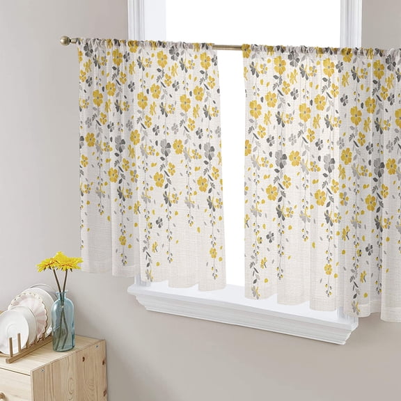 Weeping Flowers Sheer Curtains 45 Inch Length 2 Panels Set for Living Room/Bedroom, Yellow Grey Spring Floral Rustic Burlap Curtain Sheers Drapes Rod Pocket Curtains Window Treatment Set 52''x45''x2