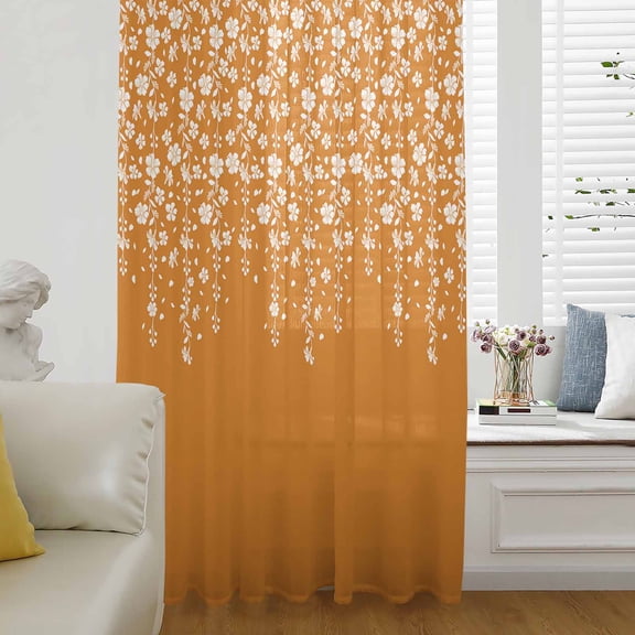 Weeping Flowers Sheer Curtains 45 Inch Length, Light Filtering Voile Curtain Panel, Orange Spring Floral Botanical Art Aesthetics Rod Pocket Drapes Window Treatments for Living Room Bedroom 52"x45"