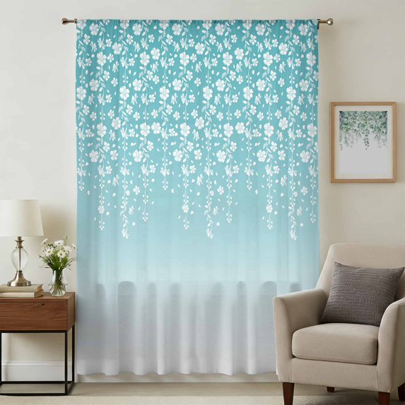 Weeping Flowers Sheer Curtains 45 Inches Long, Teal Ombre Spring Floral Botanical Art Light Filering Curtains, Breathable Simi Curtain Privacy Drapes for Kitchen Bathroom Small Window Treatment