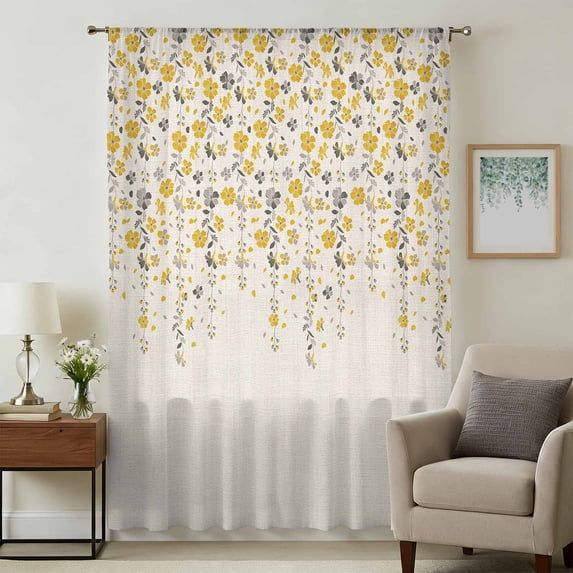Weeping Flowers Sheer Curtains 54 Inches Long, Yellow Grey Spring Floral Rustic Burlap Light Filering Curtains, Breathable Simi Curtain Privacy Drapes for Kitchen Bathroom Small Window Treatment