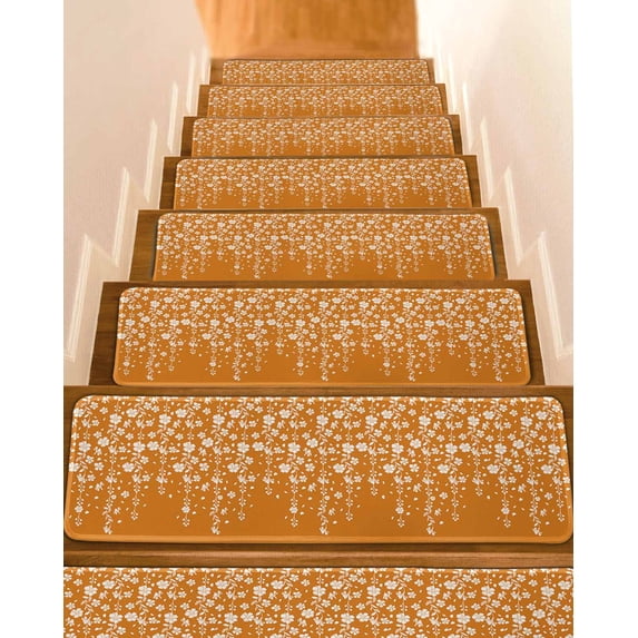 Weeping Flowers Stair Treads for Wooden Steps Indoor Runner Rug Carpet,Orange Spring Floral Botanical Art Aesthetics 7 Pieces Peel and Stick Staircase Step Treads Covers Throw Door Mats,30"x8"