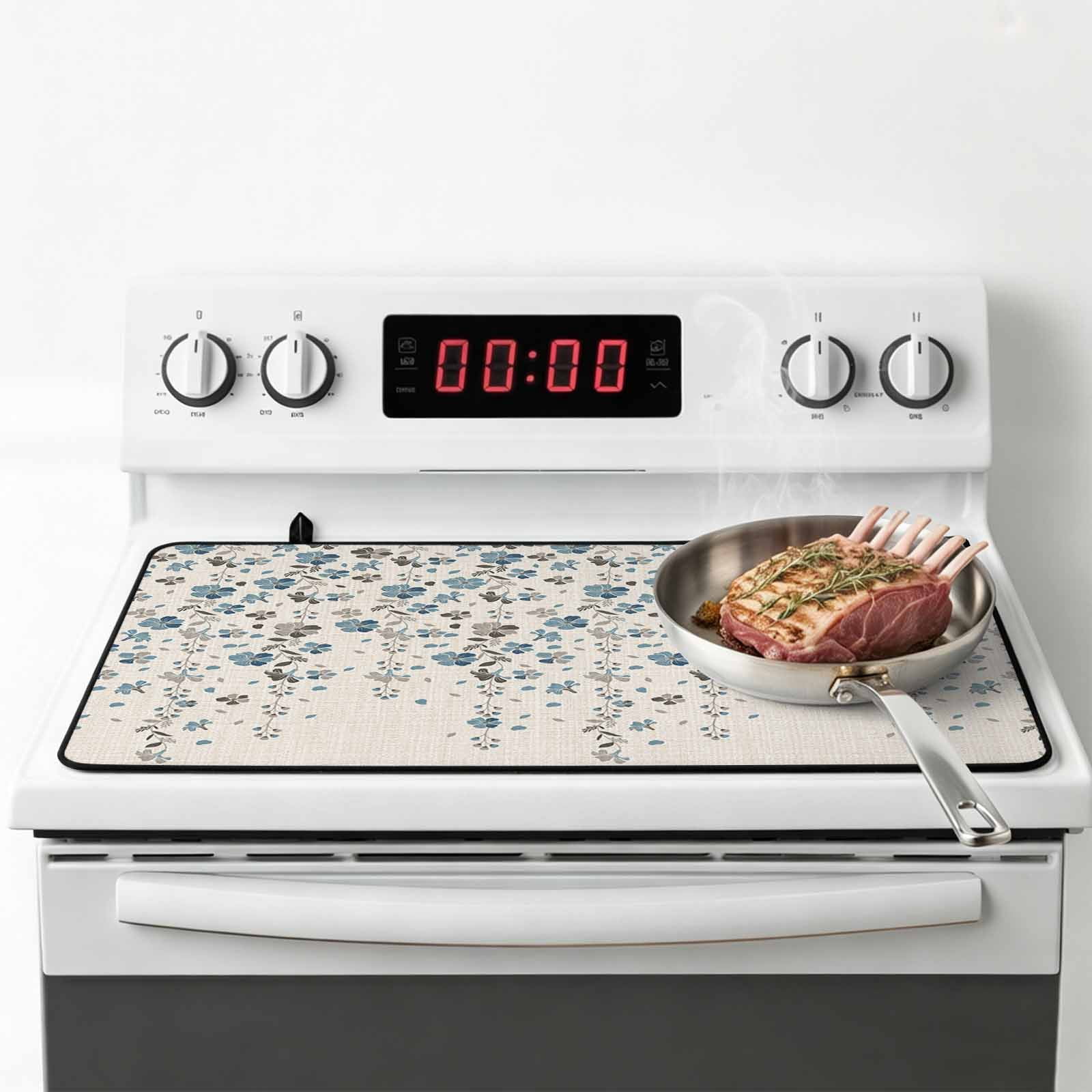 Weeping Flowers Stove Top Cover for Electric Stove, Heat-proof & Non Slip Glass Top Stove Cover Protector, Blue Grey Spring Floral Botanical Rustic Burlap Kitchen Flat Cooktop Rubber Mat 31x24 Inches