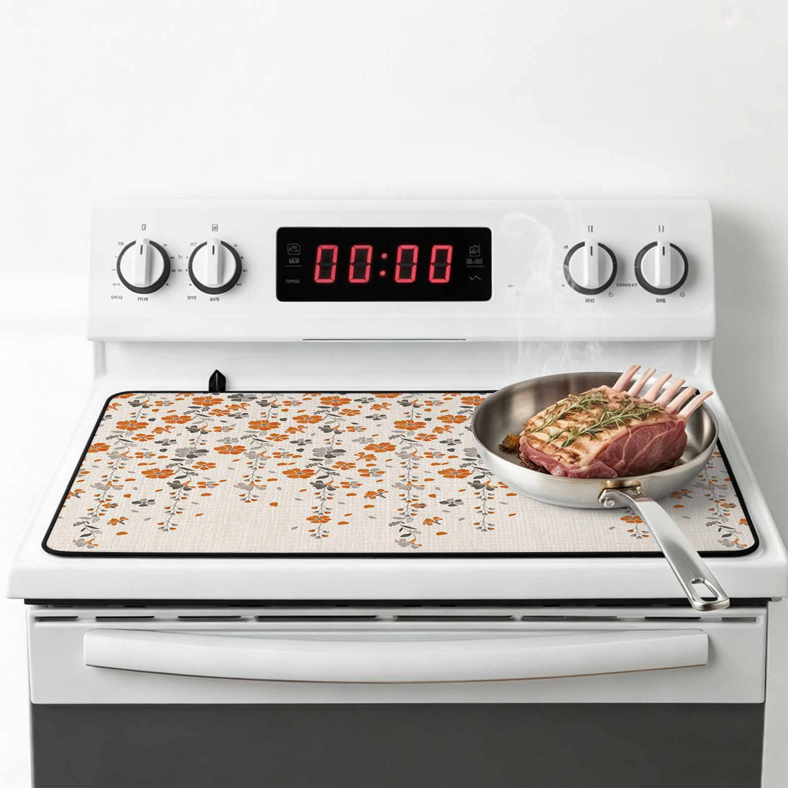 Weeping Flowers Stove Top Cover for Electric Stove,Heat-proof & Non Slip Glass Top Stove Cover Protector,Orange Grey Spring Floral Botanical Rustic Burlap Kitchen Flat Cooktop Rubber Mat 36x21 Inches