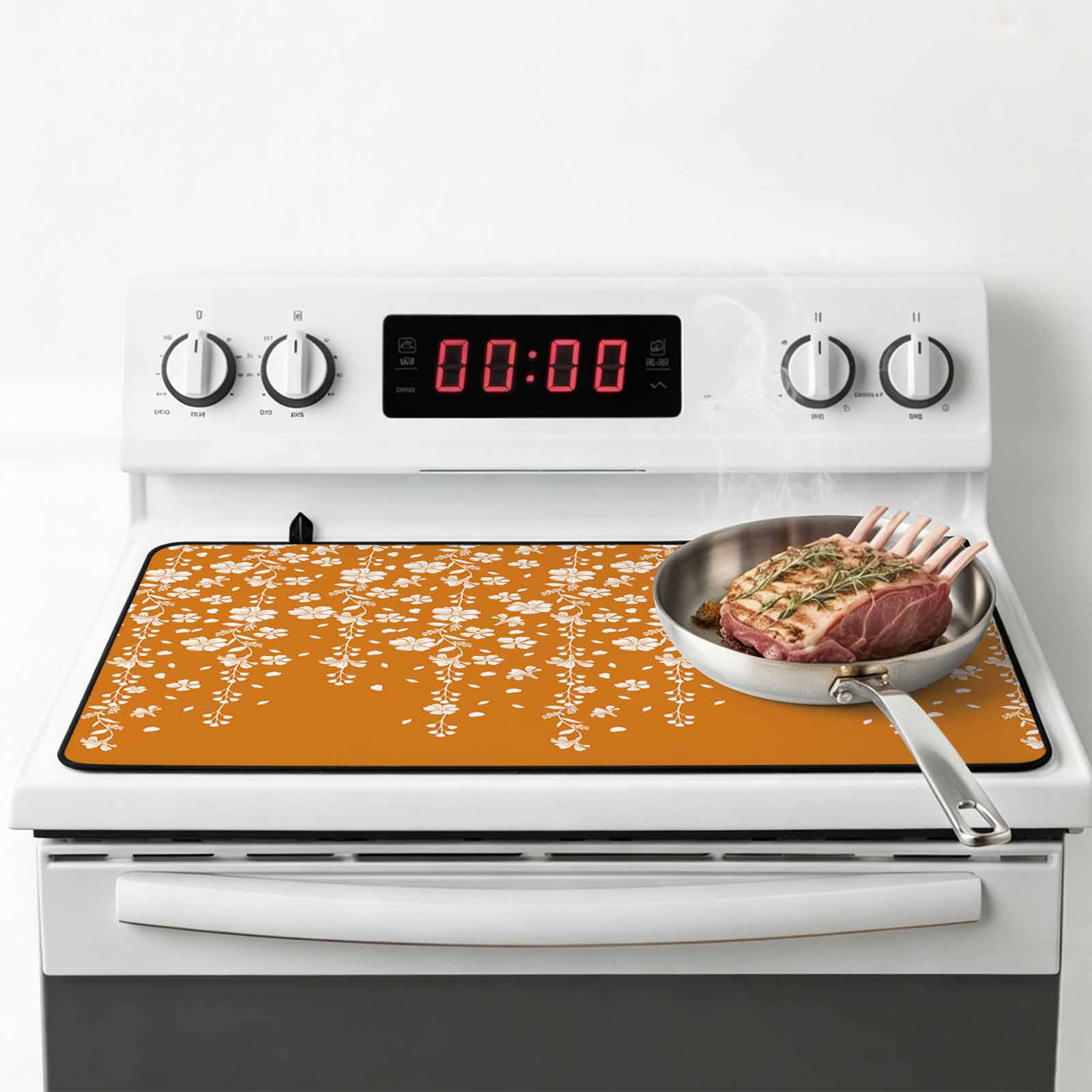 Weeping Flowers Stove Top Cover for Electric Stove, Heat-proof & Non Slip Glass Top Stove Cover Protector, Orange Spring Floral Botanical Art Aesthetics Kitchen Flat Cooktop Rubber Mat 24x21 Inches