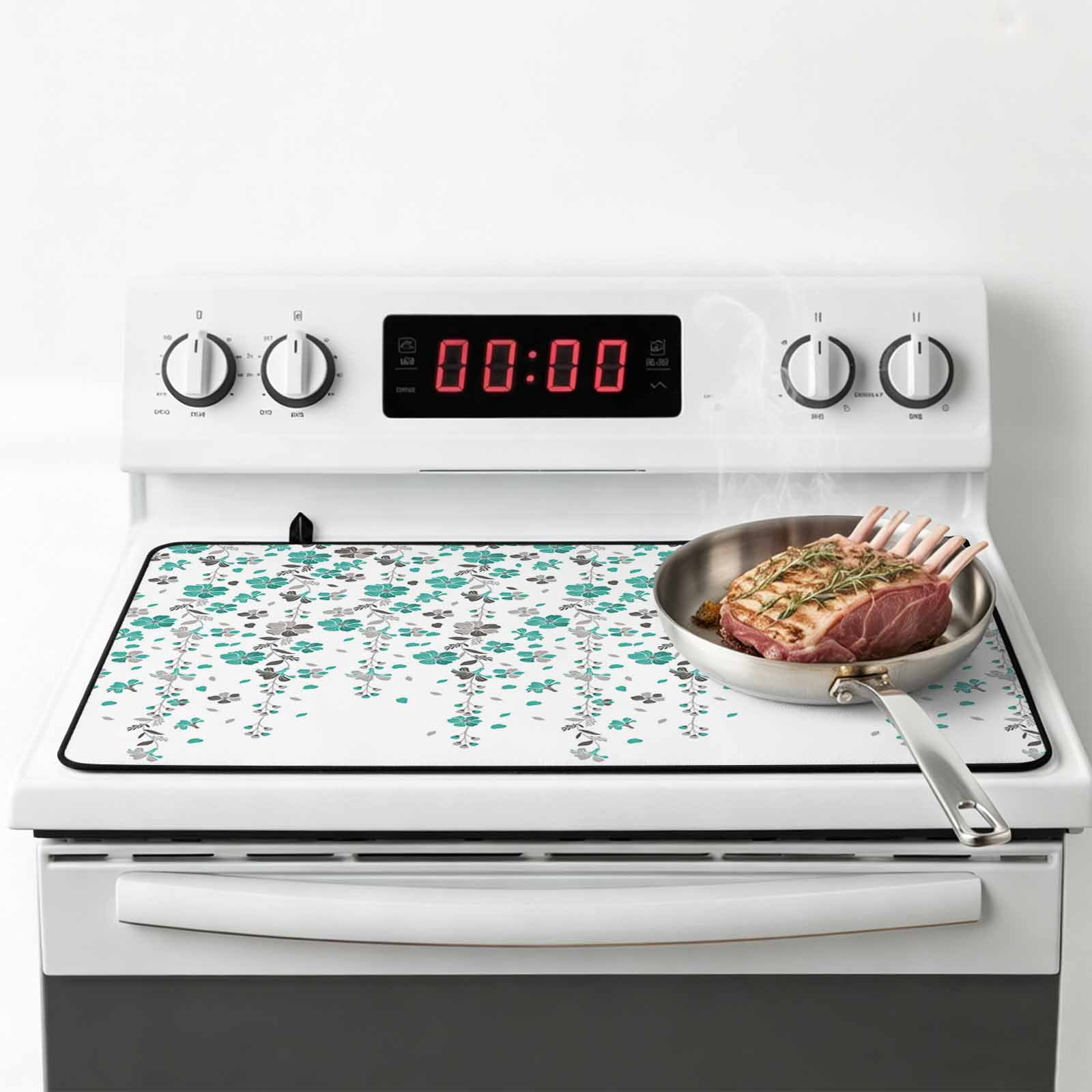 Weeping Flowers Stove Top Cover for Electric Stove, Heat-proof & Non Slip Glass Top Stove Cover Protector, Teal Grey Summer Spring Floral Botanical Art Kitchen Flat Cooktop Rubber Mat 36x21 Inches