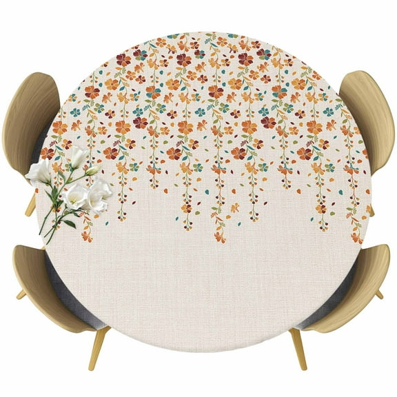 Weeping Flowers Table Cloth, Round Fitted Tablecloths with Elastic Edge, Red Yellow Teal Spring Floral Botanical Rustic Burlap Wipeable Waterproof Table Cover for Kitchen Wedding 36-44 Inches